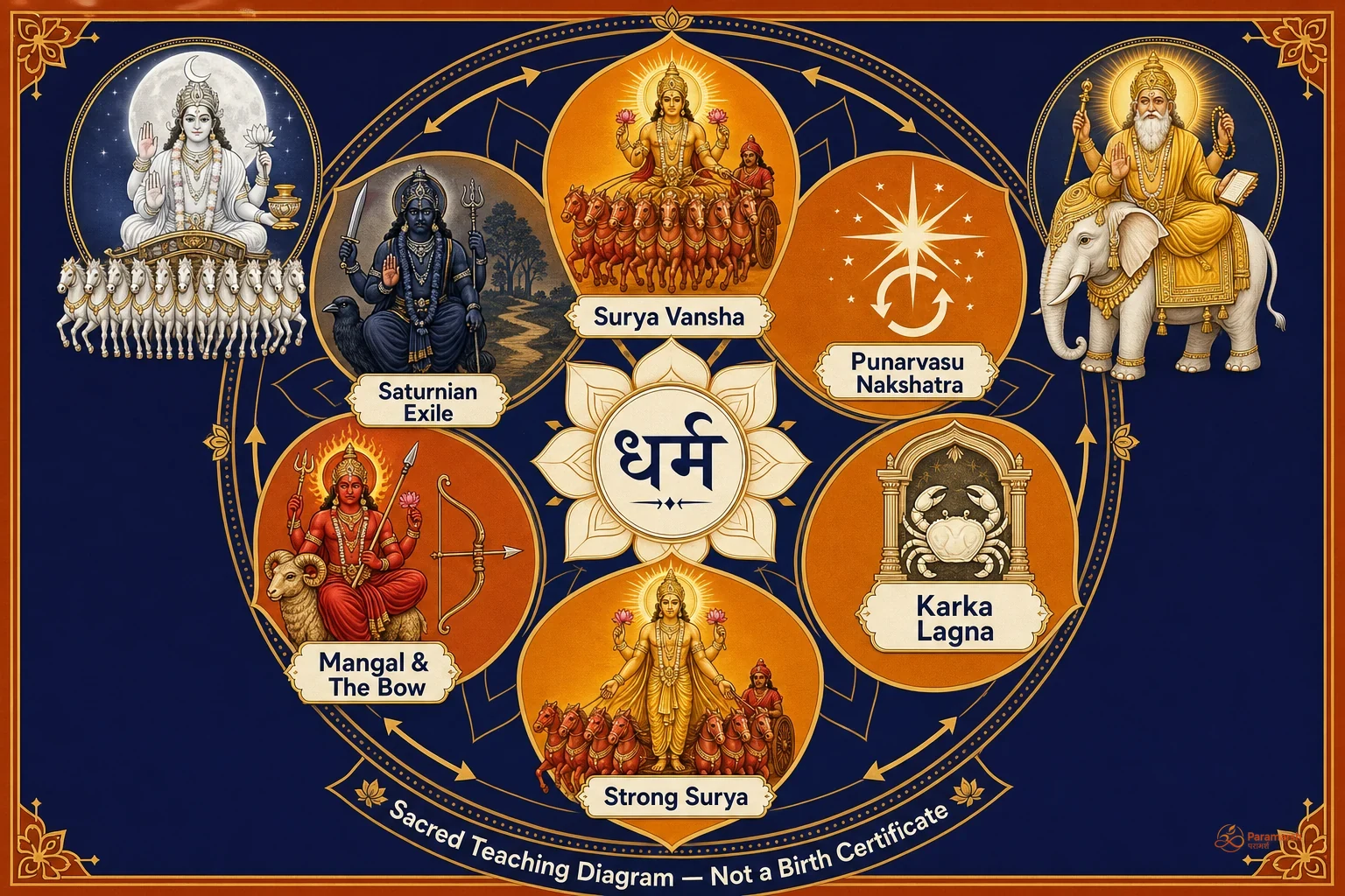Mandala diagram of Rama's sacred Jyotish chart showing six symbols - Surya Vansha, Punarvasu, Karka Lagna, Surya, Mangal, and Saturn - around a central Dharma lotus