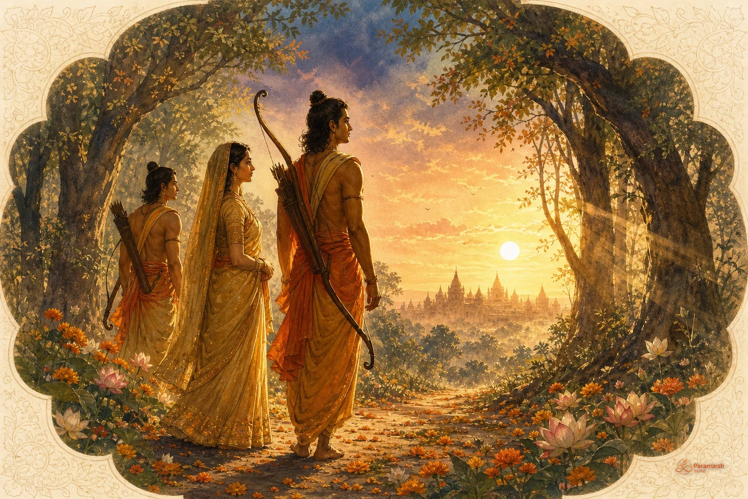 Surya riding his golden single-wheeled chariot drawn by seven red horses across a saffron dawn sky over Ayodhya