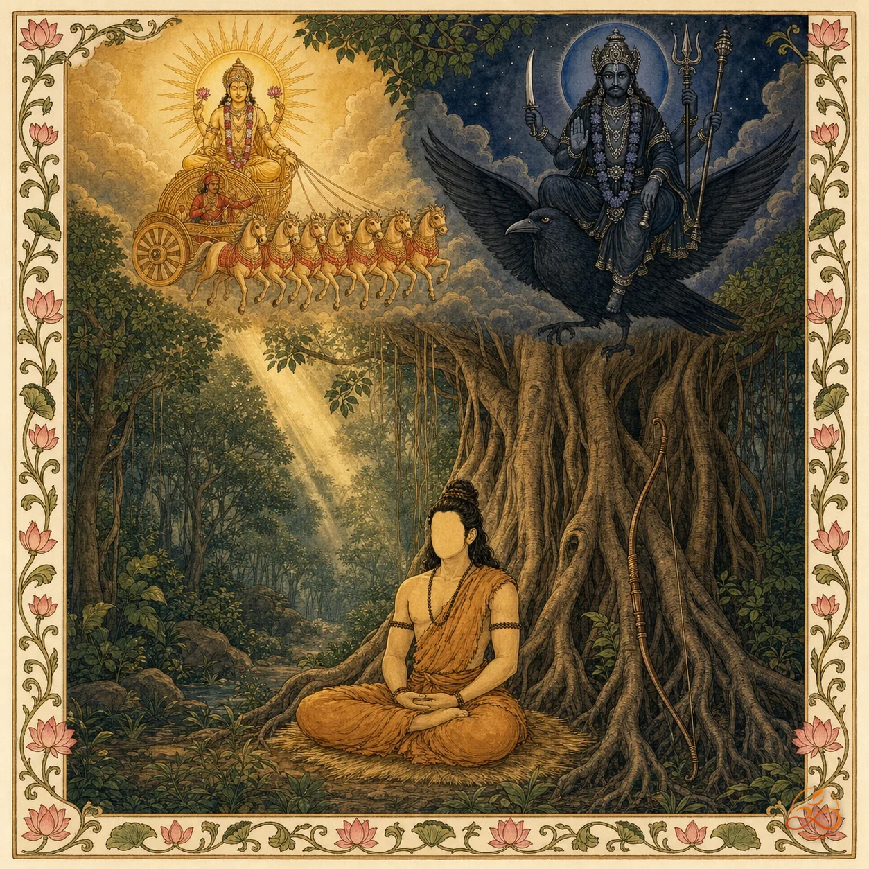 A figure meditating in forest exile beneath a banyan tree, with Surya and Shani appearing in the sky above - Saturnian discipline of the solar will