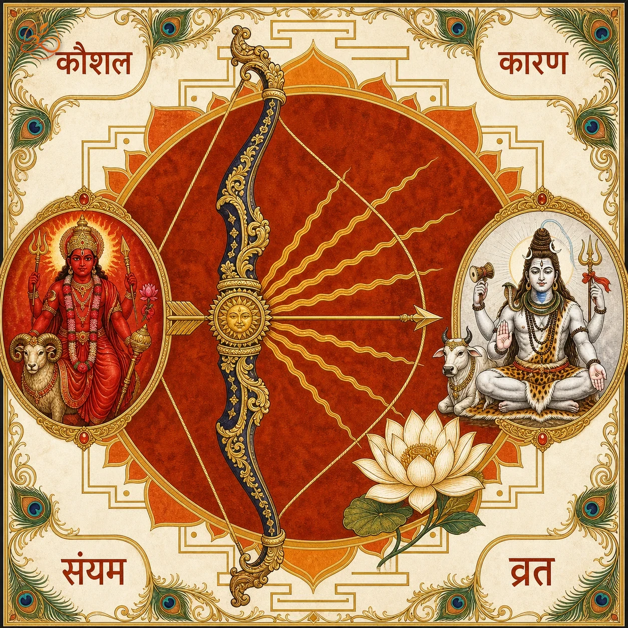Sacred yantra of the dharmic bow with four qualities - Skill, Cause, Restraint, and Vow - in Devanagari at each corner