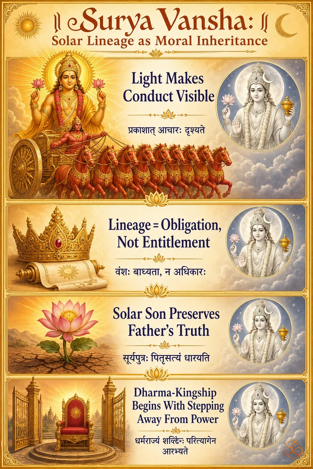 Infographic showing four principles of Surya Vansha as moral inheritance: visibility, obligation, truth, and dharma-kingship