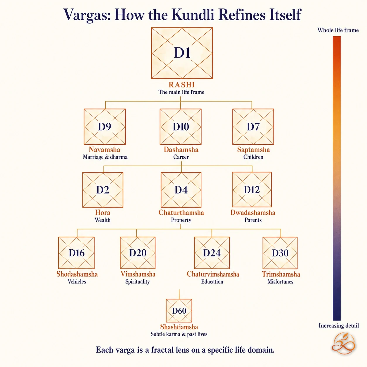 Hierarchical tree diagram of Vedic divisional charts (vargas) from D1 Rashi to D60 Shashtiamsha, each labeled by life domain