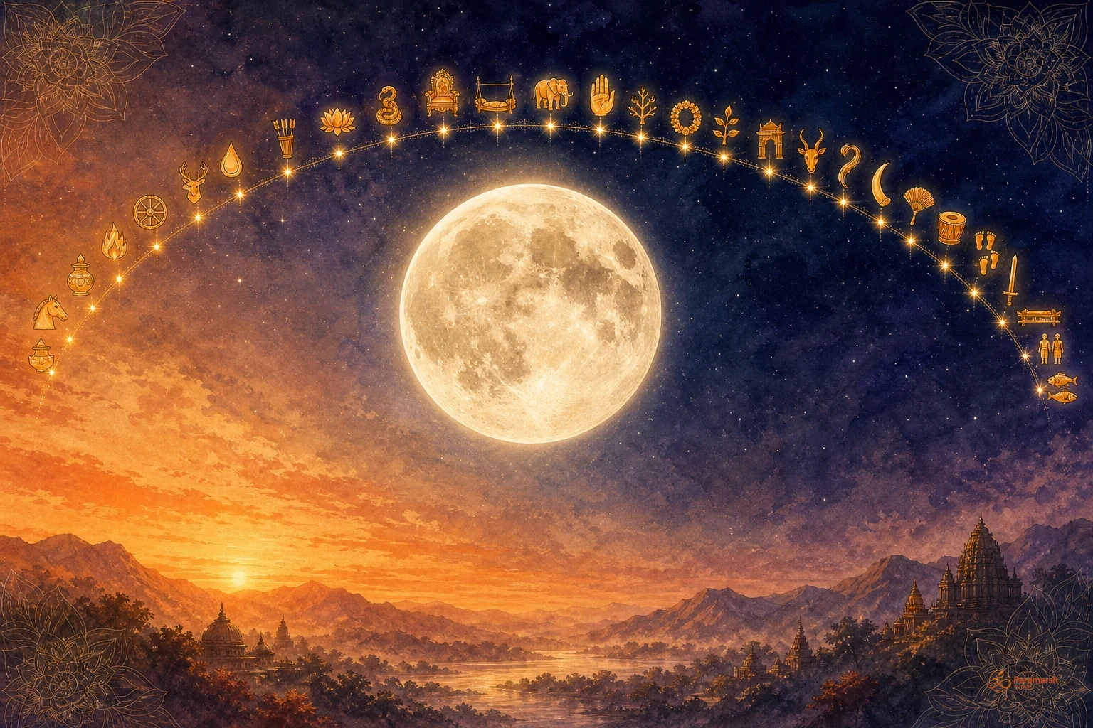 The Moon traveling along an arc of the ecliptic past 27 small symbols of the lunar mansions, in saffron and indigo.