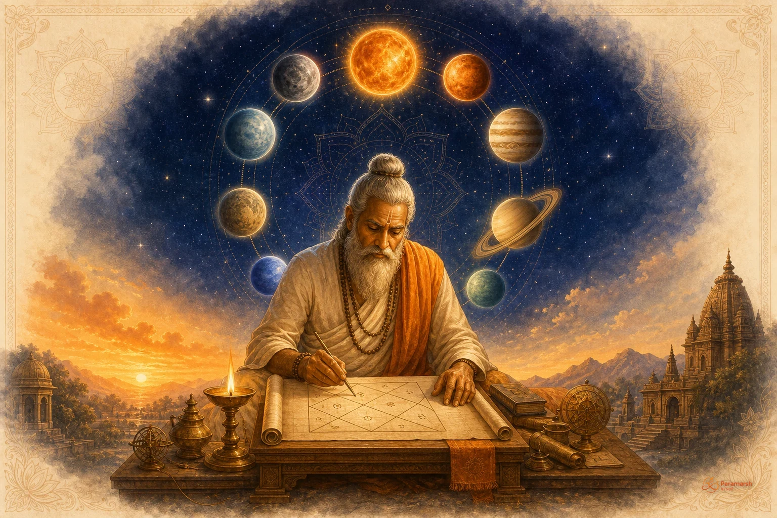 Vedic astrologer sage studying a kundli chart by lamplight, surrounded by nine glowing Navagraha planets in a cosmic scene