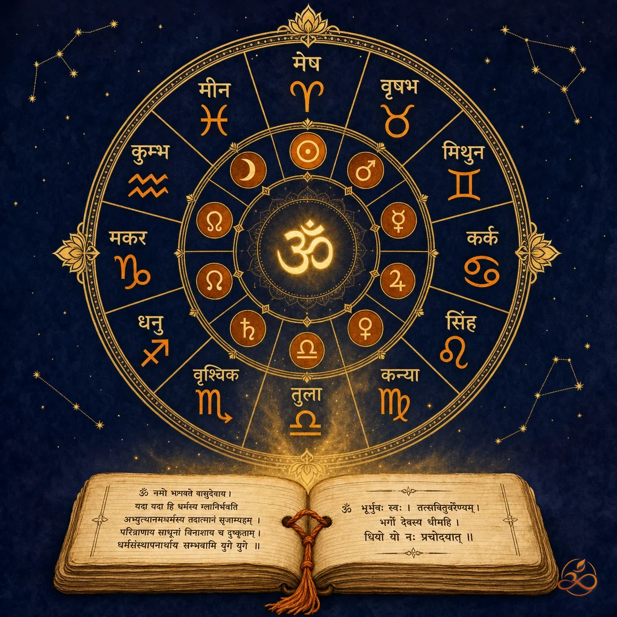 Vedic Rashi Chakra zodiac wheel showing the 12 signs and 9 planets, with an open palm-leaf manuscript of Sanskrit verses below