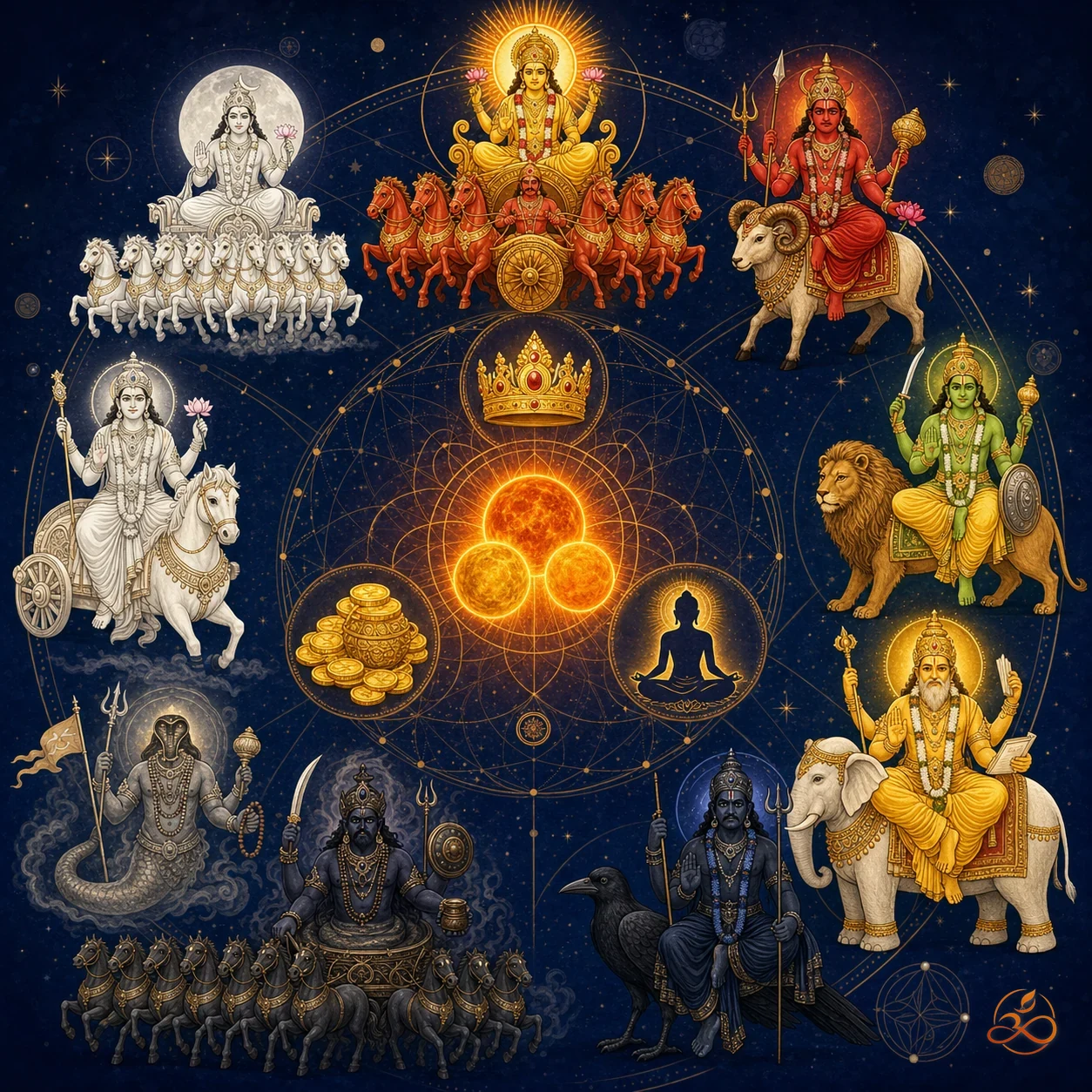 Symbolic illustration of Vedic planetary yogas showing celestial spheres in conjunction with sacred geometry